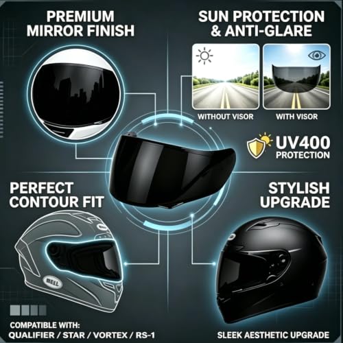 Image of PSLER Shatterproof Helmet Visor for Bell Qualifier & Qualifier DLX,Black | Impact-Resistant ,UV400 Protection, Motorcycle Tinted Face Shield Replacement for Bell Qualifier /Star /Vortex /RS-1 /Revolver