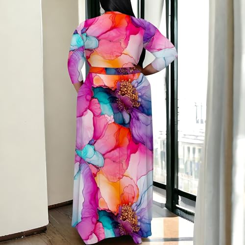 Image of SUZONANA Plus Size Maxi Dresses for Curcy Women Casual Loose 3 /4 Sleeve Long Dress with Belt