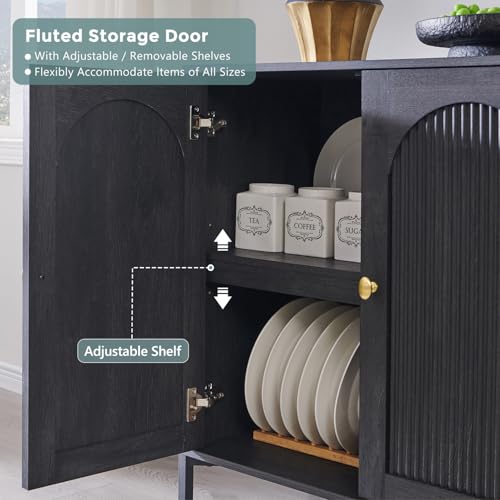 Image of IFGET Modern Buffet Cabinet with Storage, 61.75 inch W Fluted Arched Sideboard Cabinet w /Adjustable Shelves, Wooden Modular Coffee Bar for Dining Room, Kitchen, Living Room, Entryway, Dark Grey