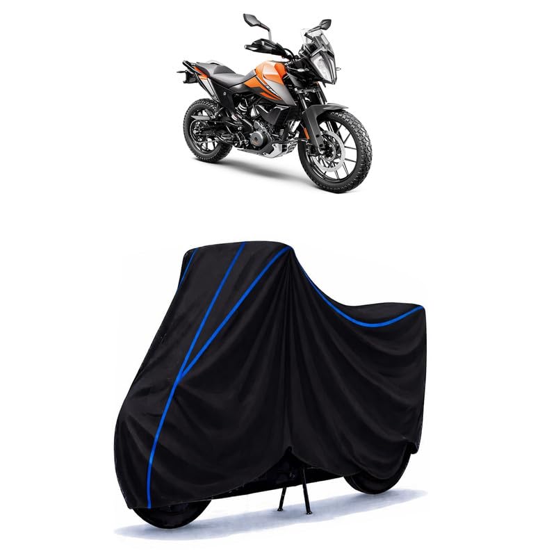 Image of KTM 390 Adventure Bike Cover Water Resistant Universal Motorcycle Rain | Heavy Duty UV Protection, Dust, Scratch Indoor Outdoor All Weather with Black Blue Piping Elastic