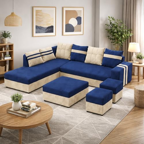Image of Stova Luxe Velvet-Suede Fabric 8 Seater LHS L Shape Sofa Set | with 2 Ottoman & Centre Table| Comfortable & Spacious Seating | Modern Sofa Set for Living Room - Dark Blue & Cream