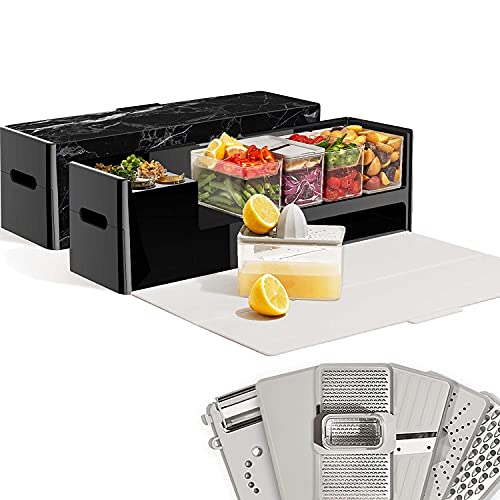 Prepdeck Recipe Preparation Kit and Storage, 8 Premium Prepping Tools, Cutting Board with 15 Tritan Plastic Food Containers with Lids, Removable Trash Bin, Microwave and Top-Rack Dishwasher Safe