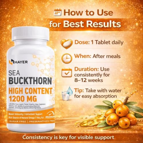 Image of Hayer Sea Buckthorn Seabuckthorn, Help boost Omega 3,6,7,9 Levels 99% High Strength Sea Buckthorn Supplement 120 Tablets