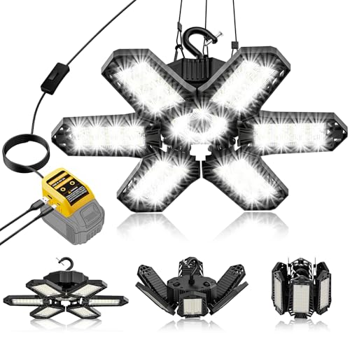 Image of LED Work Light Compatible with Dewalt 20V Battery - 68W 6800LM Ceiling Flood Light 6+1 Deformable Panels Garage Light with Type-C & USB-A, Emergency Camping Light for Shed, Workshop, Job Site