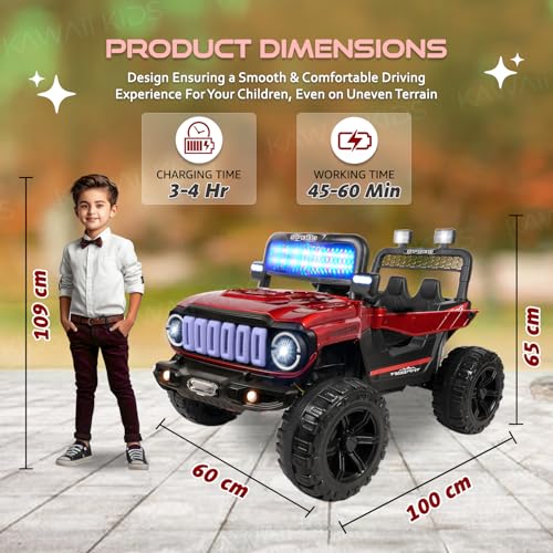 Image of Kawaii Kids Battery Operated Electric Car for Kids Rideon Jeep with Remote Control, USB, Bluetooth and Windshield Lighting, for Kids 1 to 5 Years (Rubicon, Red)