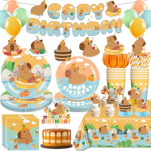 213 PCS Capybara Birthday Decorations Tableware Set, Includes Banner, Cake Topper, Balloons, Plates and Napkins for Capybara Birthday Party, Service 25 Guests