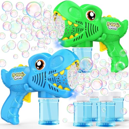 Kids Bubble Gun 2 Pack Dino Bubble Machine Gun for Toddlers with 4 Solutions Outdoor Toys Automatic 13-Hole Bubbles for Kids Blower Maker Easter Basket Stuffers Valentines Gift Party for Boys Girls