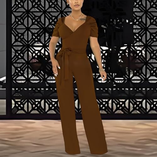 Image of PaladMom Womens Elegant Plus Size Jumpsuits Sexy Back zipper Short Sleeve Mid Waist Wide Leg Straight Rompers