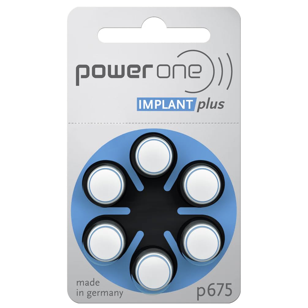 Power One 675 Implant Plus - Batería para audífonos Cochlear (incluye caja de almacenamiento para 2 pilas para audífonos), color azul