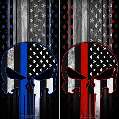 Speed Demon Hot Rod Shop Cornhole Board Wraps Skull with Red Line and Thin Blue Line Flags Corn Hole Boards Laminated Decal Wraps (Set of 2)