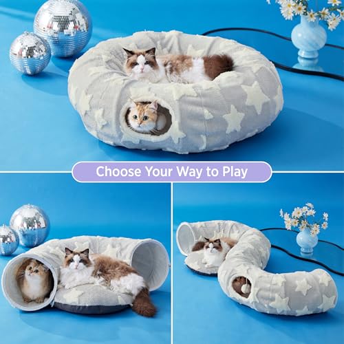 Image of Lesure Donut Cute Jacquard Cat Tunnel Bed Kitten Toys for Puppy Bunny | 33.5x33.5x10in,Round Cat Bed Tube for Indoor Cats Rabbit Dog,Pet Peekaboo Cave Toy,Spiral Hideaway,Washable Cushion,Grey