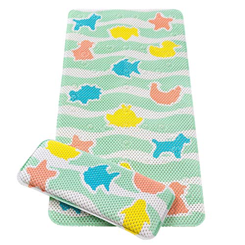 ClevaMama Bath Mat & Kneeling Cushion - Extra Long Bathtub Mats Non Slip Mildew Resistant - Shower Mats with Soft Knelling Cushion - Non Slip Children's Mat with Suction Pads,3508
