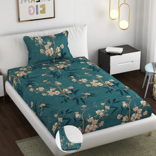 Image of Premium Heavy Cotton Elastic Fitted Bedsheets with 1 King Size Pillow Covers | Single Bed with All Around Elastic 350 TC | 36 x 78 x 6 Inch Single Size Fitted | - Green Flower