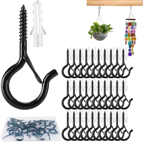 AGOISET 30 piezas alcayatas roscadas, ganchos de techo Con hebilla de seguridad, para colgar objetos, plantas, pajareras, campanillas de viento y luces de hadas para exteriores (Negro)