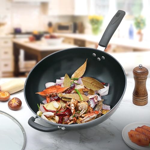 Wok de hierro negro con tapa y mango ergonómico 13.4 pulg miniatura 4