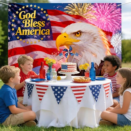Image of IVN God Bless America Backdrop Banner 71 x 43 Inch Patriotic Bald Eagle USA Flag Fireworks Background Photo Booth Backdrop 4th of July Independence Day Memorial Day Veterans Day Indoor Outdoor Decor