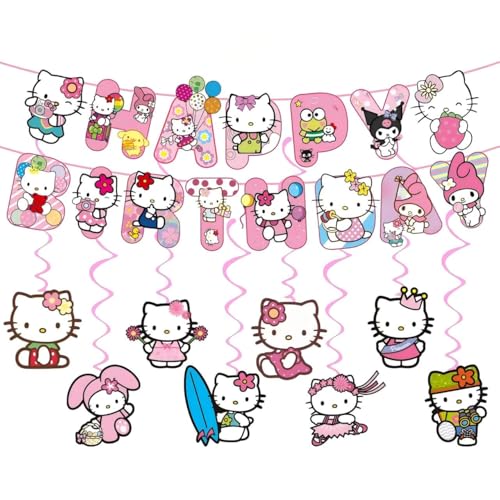 For Kitty Happy Birthday Banner Party Decoration With 8 Vortex Decorative Pendants