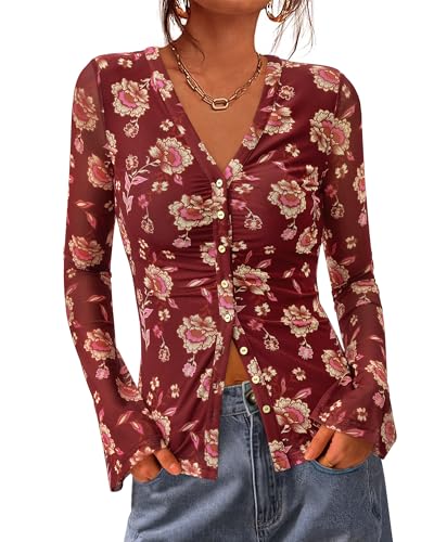 BTFBM Button Down Shirts for Women Fall Fashion 2025 V Neck Long Sleeve Blouse Ruched Mesh Fitted Floral Print Boho Tops