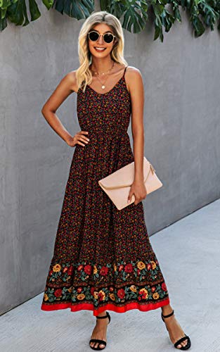 Image of Angashion Women's Dresses Floral Adjustable Spaghetti Strap V Neck Boho Long Maxi Dress Summer Beach Flowy Ethnic Sundress