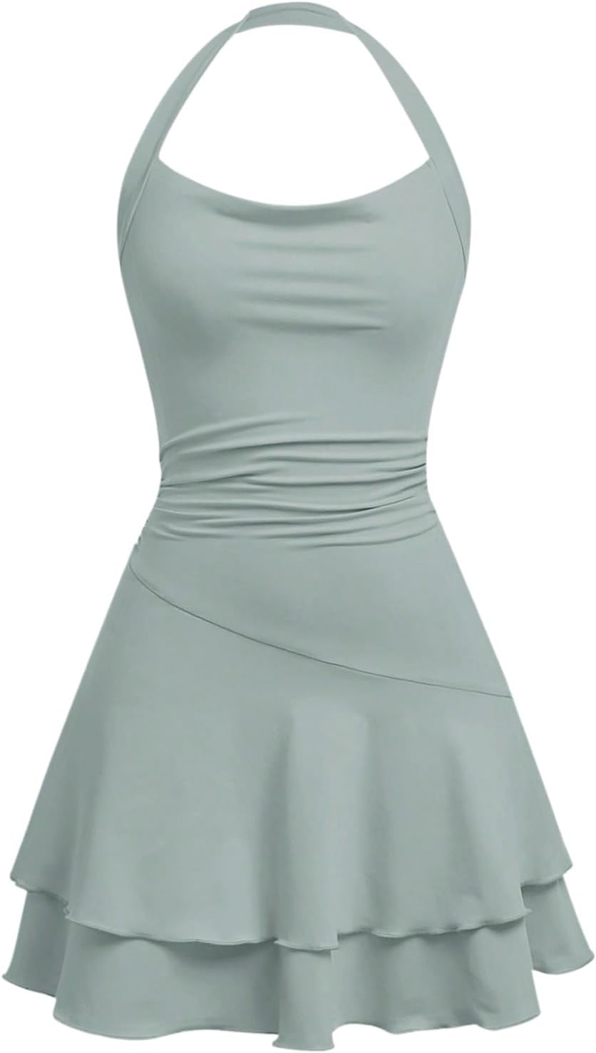 SHENHE Girl's Ruched Ruffle Halter Dress Sleeveless Layered Ruffle A Line Mini Skater Dress