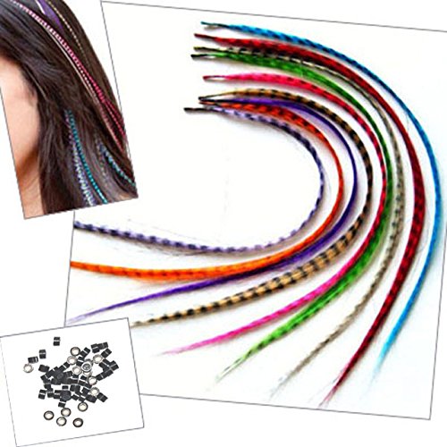 Sunwell Feather Hair Extensions Kit with 52 Synthetic Feathers, 50 Beads, Pliers and Hook Tool