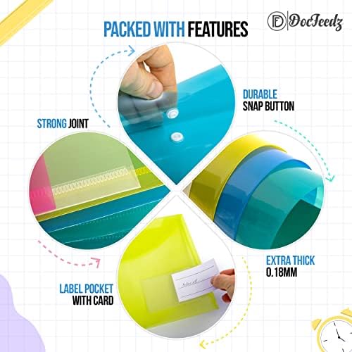 DocFeedz Plastic Wallets A4 - Pack of 10 Waterproof Plastic Folders for Documents 33.2 x 23.4 cm - 5 Assorted Colours Popper Wallet A4 with Snap Button and Label for Home, Office, School and Travel