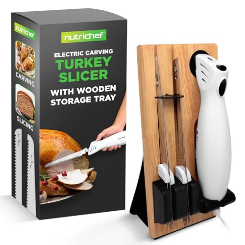 NutriChef Electric Carving Turkey Slicer Kitchen Knife | For Thanksgiving | Portable Electrical Food Cutter Knife Set with Carve Blades & Wood Stand | Cuts Meat, Bread, Cheese & Fruit | White