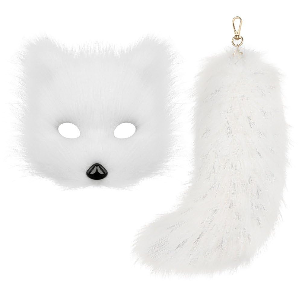 Tsffae Mask and Therian Tail Set, Furry Mask＆long Tail Half Face Masquerade Dress Up Cat Mask for Cosplay Fancy Party Costume Accessory
