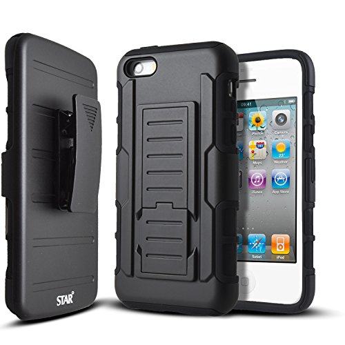STARSHOP Compatible with iPhone 4S Case, Full Protection Dual Layers Hybird Case with Kickstand and Locking Belt Swivel Clip with Premium Screen Protector Black