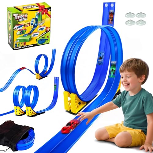 【Set di pista da corsa a doppio binario da 5 metri】 Include una pista da corsa a doppio binario da 5 m, 4 auto giocattolo in lega di alluminio, 4 rampe, 2 basi e 4 ventose. Tutto per il divertimento immediato con questa pista da corsa
