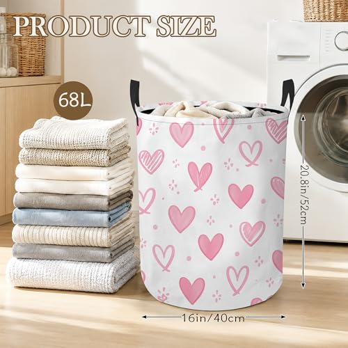 Image of Laundry Hamper, Pink Heart Collapsible Doodle Heart Laundry Baskets Waterproof Oxford Cloth With Handles, Clothes Storage Bucket For Bathroom /Bedroom 16 inch x 20.8 inch
