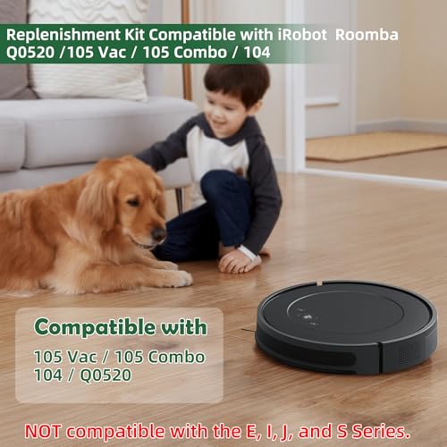Image of Replacement Parts for iRobot Roomba 105X, 105, 104, Q052-Vac2 Robot Vacuum | for 105 /105X Combo, 105 Vac AutoEmpty Dock, 6 Dust Bags, 2 Roller Brushes, 6 Filters, 6 Side Brushes & Cleaning Brush