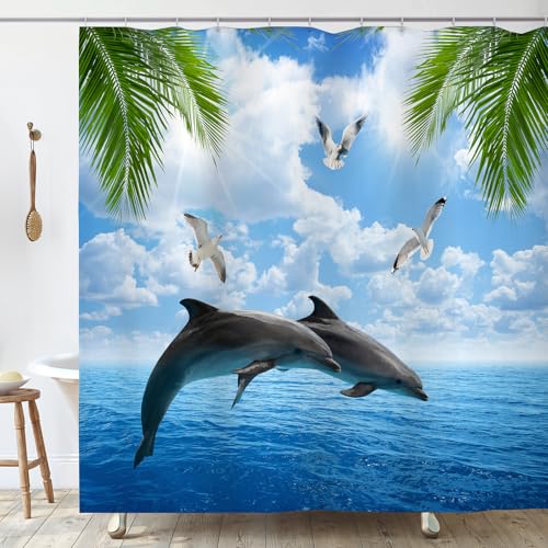 OCEUMACO Rideau Douche Anti Moisissure 240x200 cm Dauphin Rideau de Douche Baignoire Tissu Imperméable en Polyester Océan Bleu Rideaux Salle de Bain avec Anneaux...