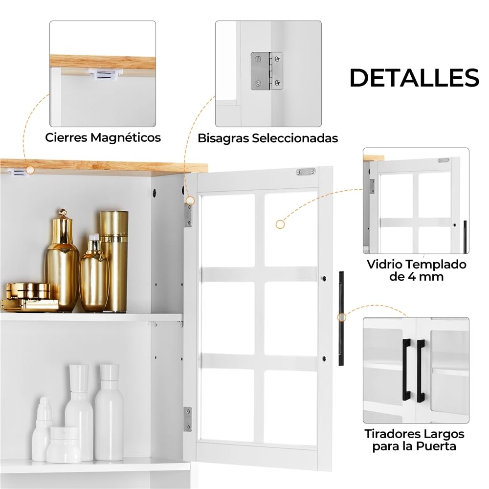 Yaheetech Alacena de Cocina Mueble Buffet Armario de Cocina Aparador de Almacenaje con Puertas de Vidrio, Estantes Ajustables 80 × 37 × 183 cm