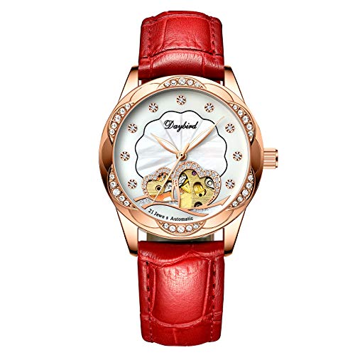 RORIOS Orologio Donna Meccanico Automatico - Cinturino Acciaio Inossidabile - Quadrante Con Diamanti E Display 24H - Impermeabile - Rosso E Bianco - 2