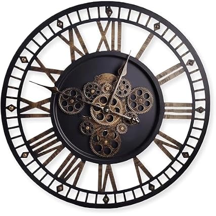 24 Inch Large Digital Wall Clock with Real Moving Gears Round Silent Vintage Industrial Metal