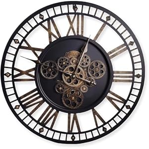 24 Inch Large Digital Wall Clock with Real Moving Gears-Round Silent Vintage Industrial Metal Farmhouse Clock for Bedroom, Battery Operated, Roman Numeral, Golden