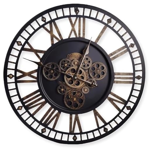 24 Inch Large Digital Wall Clock with Real Moving Gears-Round Silent Vintage Industrial Metal Farmhouse Clock for Bedroom, Battery Operated, Roman Numeral, Golden