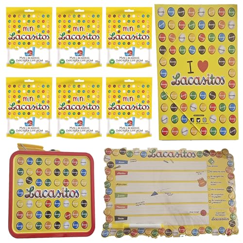 Pack escolar Lacasitos:6 mini doypack 150g,carpeta,planificador magnético,lata maletín
