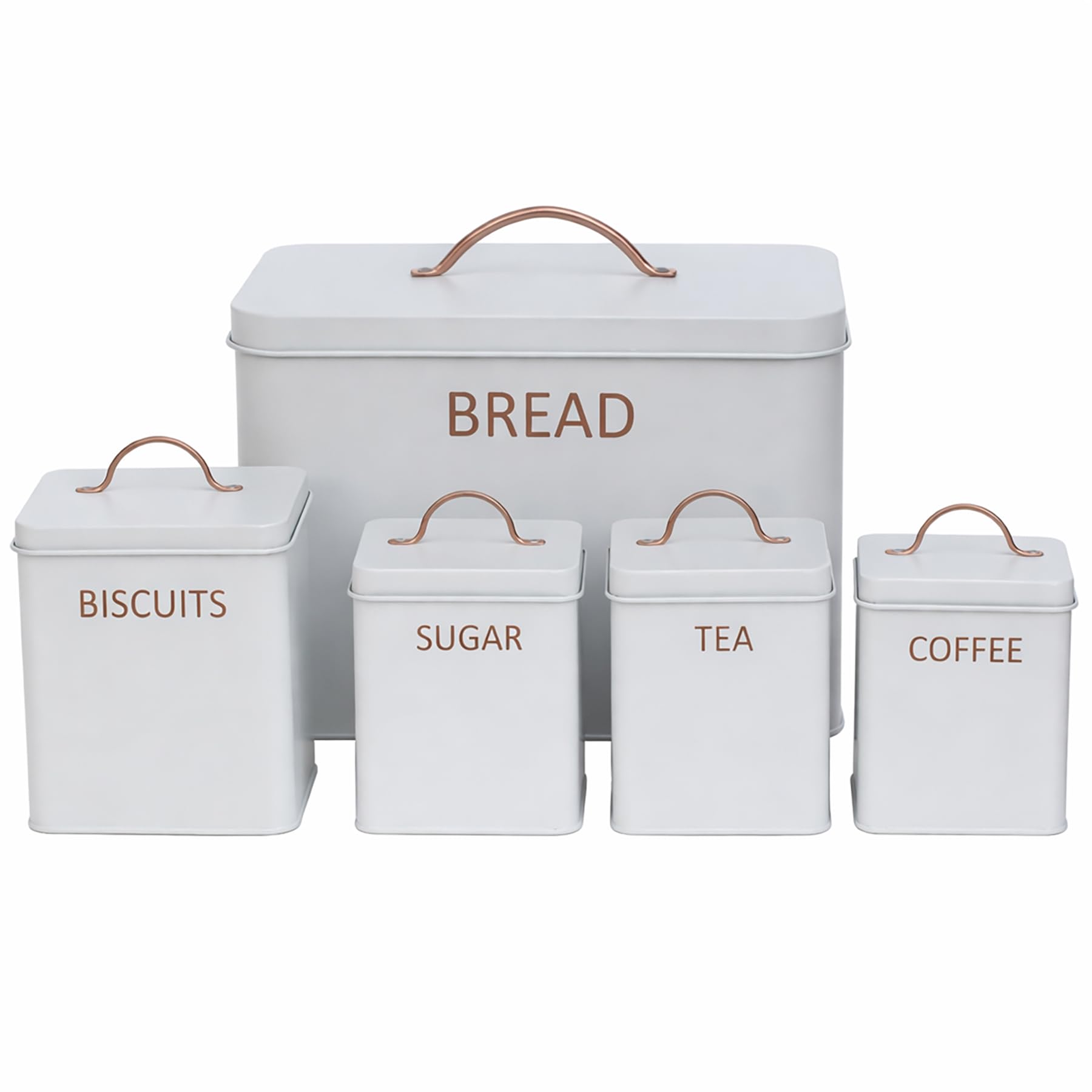 simpa 5PC Square Kitchen Storage Set: Bread Bin, Biscuit Tin and Tea, Coffee & Sugar Canister Set - Light Matt Grey - Vintage Classic Inspired Metal Storage Set.