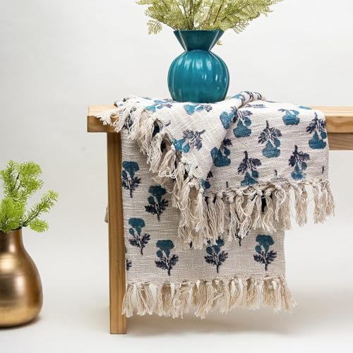 Image of Handmade Cotton Hand Block Floral Print Throw Blanket for Sofa Couch & Sofa, Car, 50x60 Inches (Multi-Color 07)-350 TC
