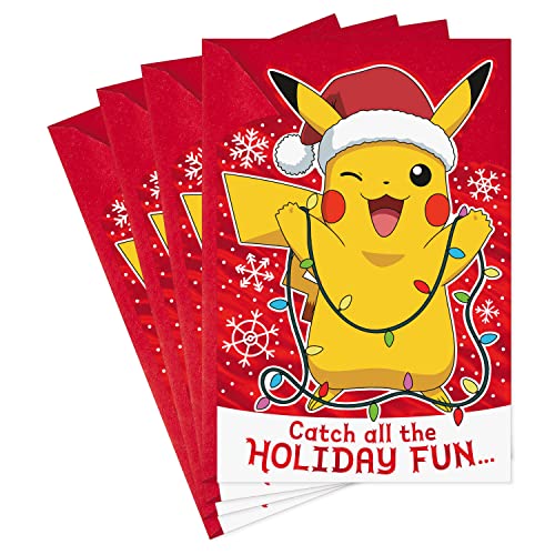 Hallmark Pack of Pokémon Christmas Cards, Pikachu Christmas Lights (4 Holiday Cards with Envelopes) (5XXH2386)