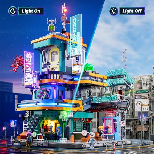 Image of FUNWHOLE Cyberpunk Mansion Lighting Building-Bricks Set - 2524 Pcs Future City Modular Buildings Set Display Idea for Adults and Sci-fi Lovers