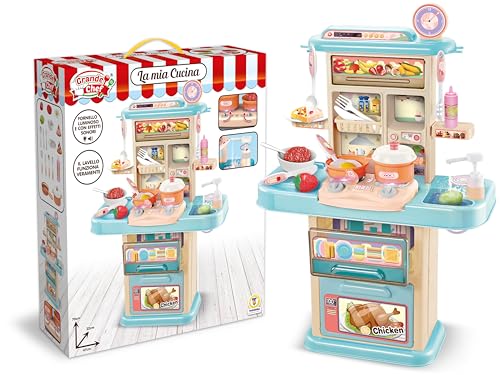 Teorema Giocattoli, Cucina Giocattolo per Bambini 70cm con Lavello Acqua Vera, Fornelli con Luci e Suoni, Cucina Bambina Completa di Accessori e Cibo Giocattolo