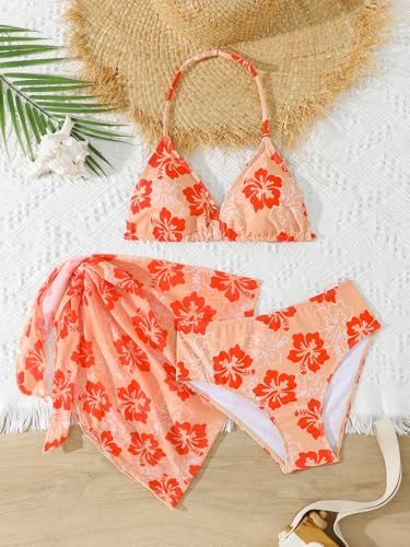 Image of SEGT Girl's 3 Piece Striped Bikini Swimwear Cute Swimsuits Bathing Suit High Waisted with Cover Up Beach Skirt