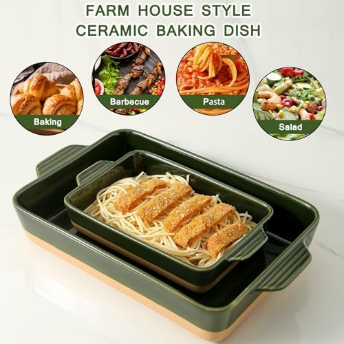 Ceramic Baking Casserole Dish with Handles, Large 9x13 inch Pan and Middle Baking Pan - Porcelain Serving Bakeware Set (Forest Green) - Thumbnail 4