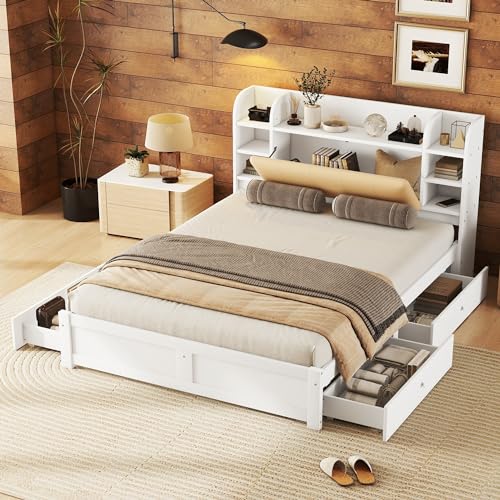 HaoChrymec Cama Individual de Madera de Pino con Cabecero Abatible, Cuatro Cajones y Compartimentos de Almacenaje, Litera Juvenil para Dormitorio y Apartamento, Blanco, 160 x 200 cm