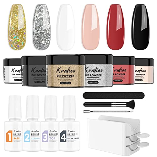 Dip Powder Nail Kit, Kredioo 6 Colors GOLDEN RED Collections Starter Kit with 4 Liquid and French Dipping Tray, Quick Drying and Easy Operation for Home Manicure-Party