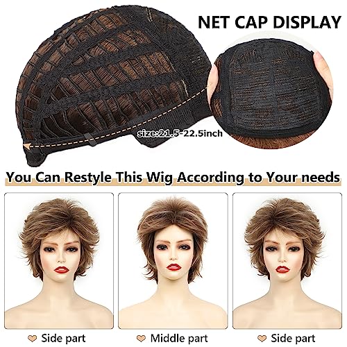 Sevencolors Short Brown Curly Wigs For White Women Brown Mixed Blonde Short Pixie Cut Wigs With Bangs Shaggy Layered Short Hair Synthetic Wigs Natural Looking #TOP4