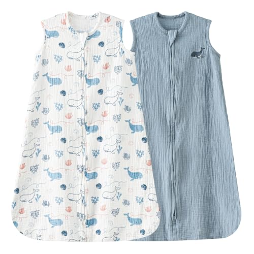 Image of david's kids Muslin Cotton Baby Sleep Sack 0-6 Months, 2 Pack 100% Cotton Sleeping Bag for Summer, TOG 0.5 Baby Wearable Blankets with 2-Way Zipper, Soft Sleep Sacks for Newborn Infant, Whale